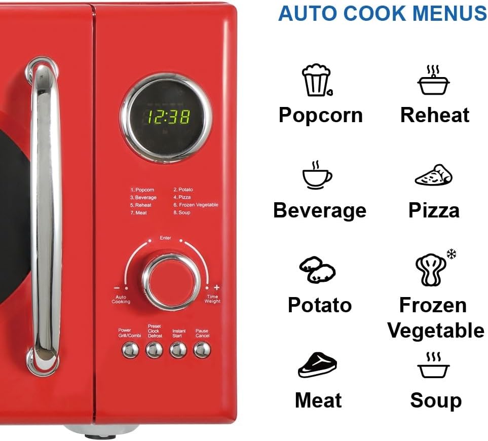 Emerson MWRG0901RD 0.9 Cu. Ft. Retro Microwave with 1,000W Grill Function, 800W Cooking Power, LED Display, 5 Power Levels, 8 Auto Menus, Glass Turntable, Child Lock, Red Countertop Design