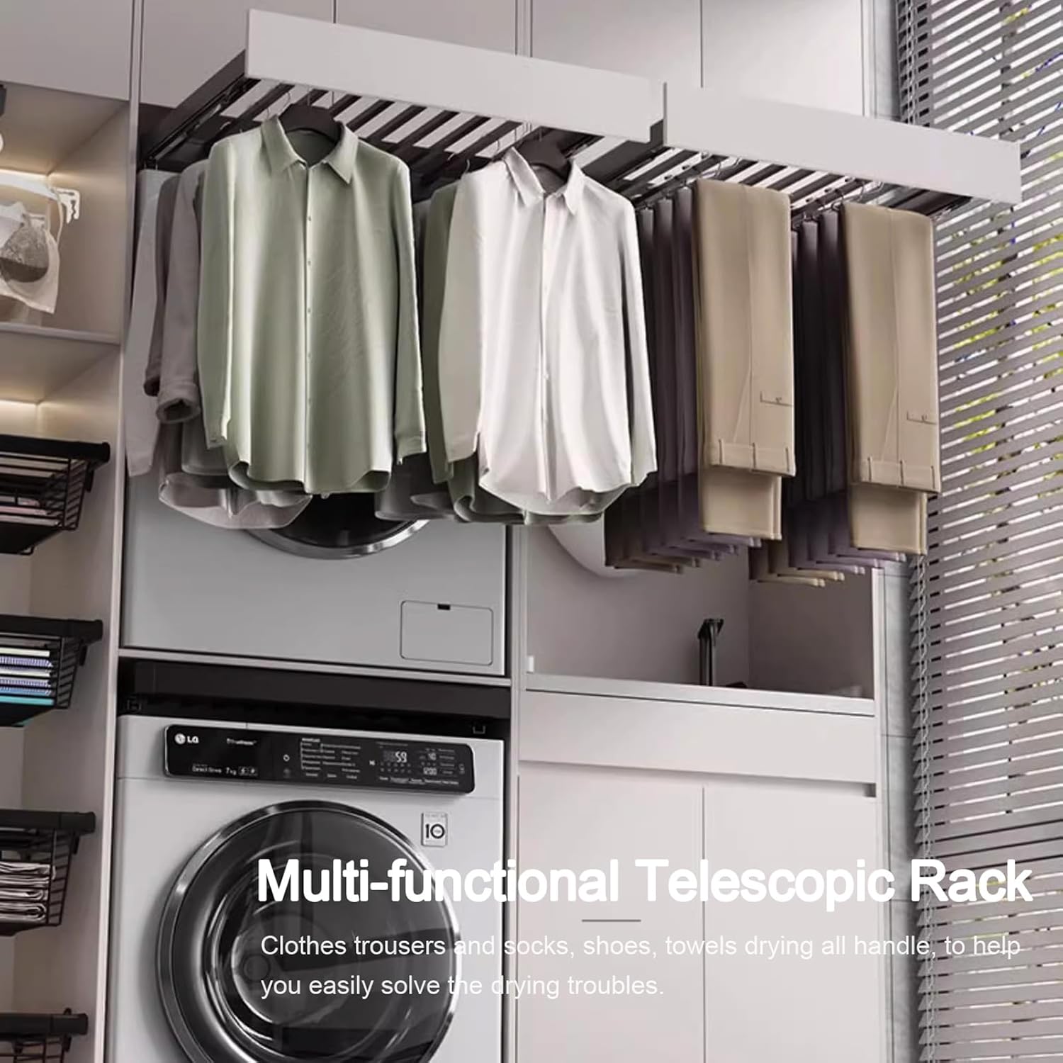 Above Washing Machine Drying Rack Aluminium Alloy Hidden Pull Out Trousers Rack Drawer, Extendable Pants Rack Space Saving Organizer for Wardrobe, Length Adjustable