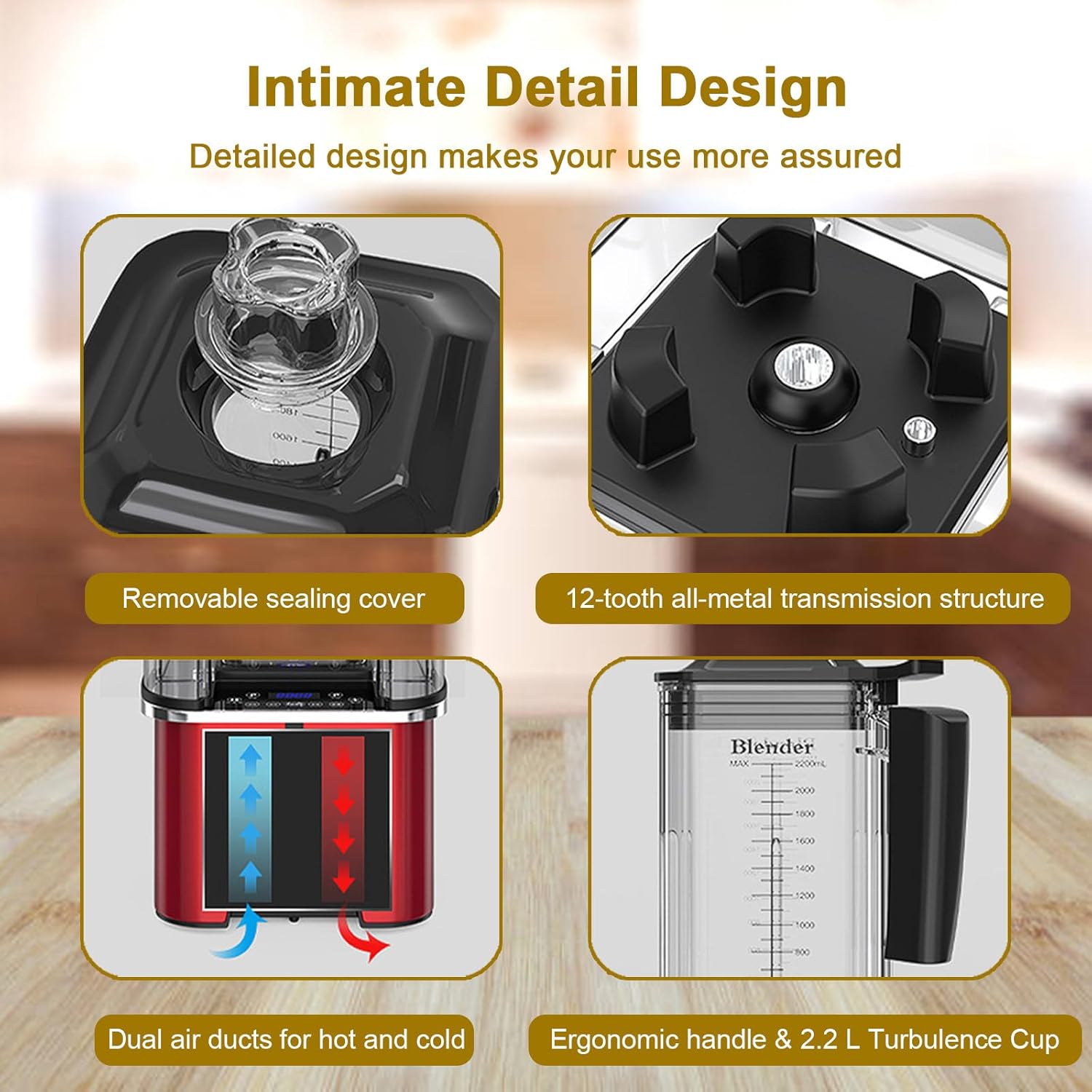 Blender Smoothie Maker 2200 W, With Sound Enclosure, Commercial Jug Blender Mixer, Preset 5 Timings, 0-5 Min Timing, 4-Rib Vortex Technology, For Ice Cubes/Nuts/Juice/Shake