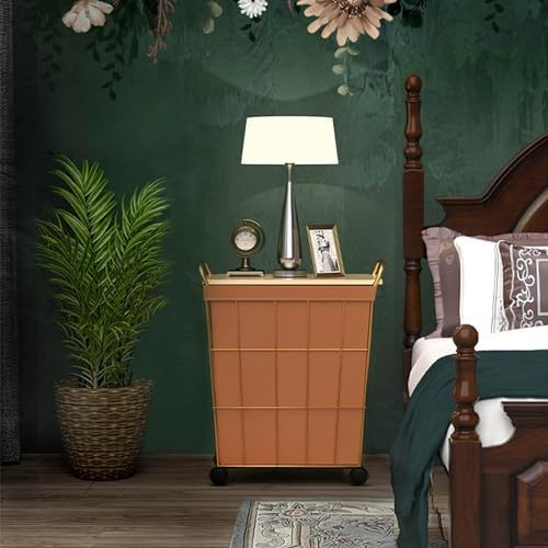 Iron Wire Laundry Hamper on Wheels Rolling Laundry Basket w/Leather Liner Bag & Handle Gold Metal Frame Laundry Sorter w/Lid for Bedroom Washing Basket (White 45x32x56cm)