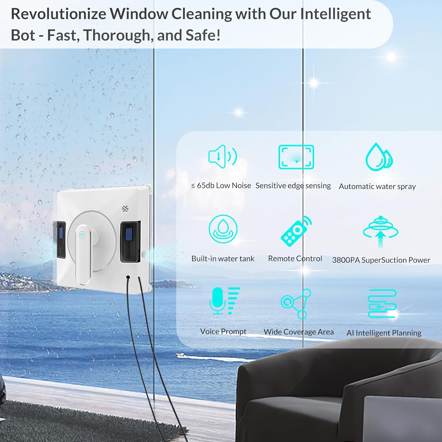 Smart Window Cleaning Robot With Dual Water Spray,3800pa Suction, Multiple Anti - Fall Protection,AI Path Planning,App & Remote Control,Ideal Window Washer Robot For High-Rise Windows And Glass Doors