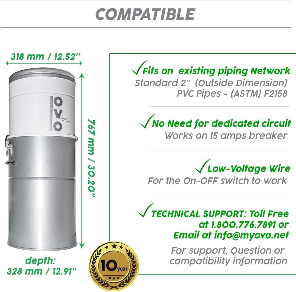 OVO Heavy Duty Powerful Central Vacuum System, Hybrid Filtration (with or Without Disposable Bags) 35L or 9.25Gal, 700 Air watts with 30ft Deluxe Accessory kit Included