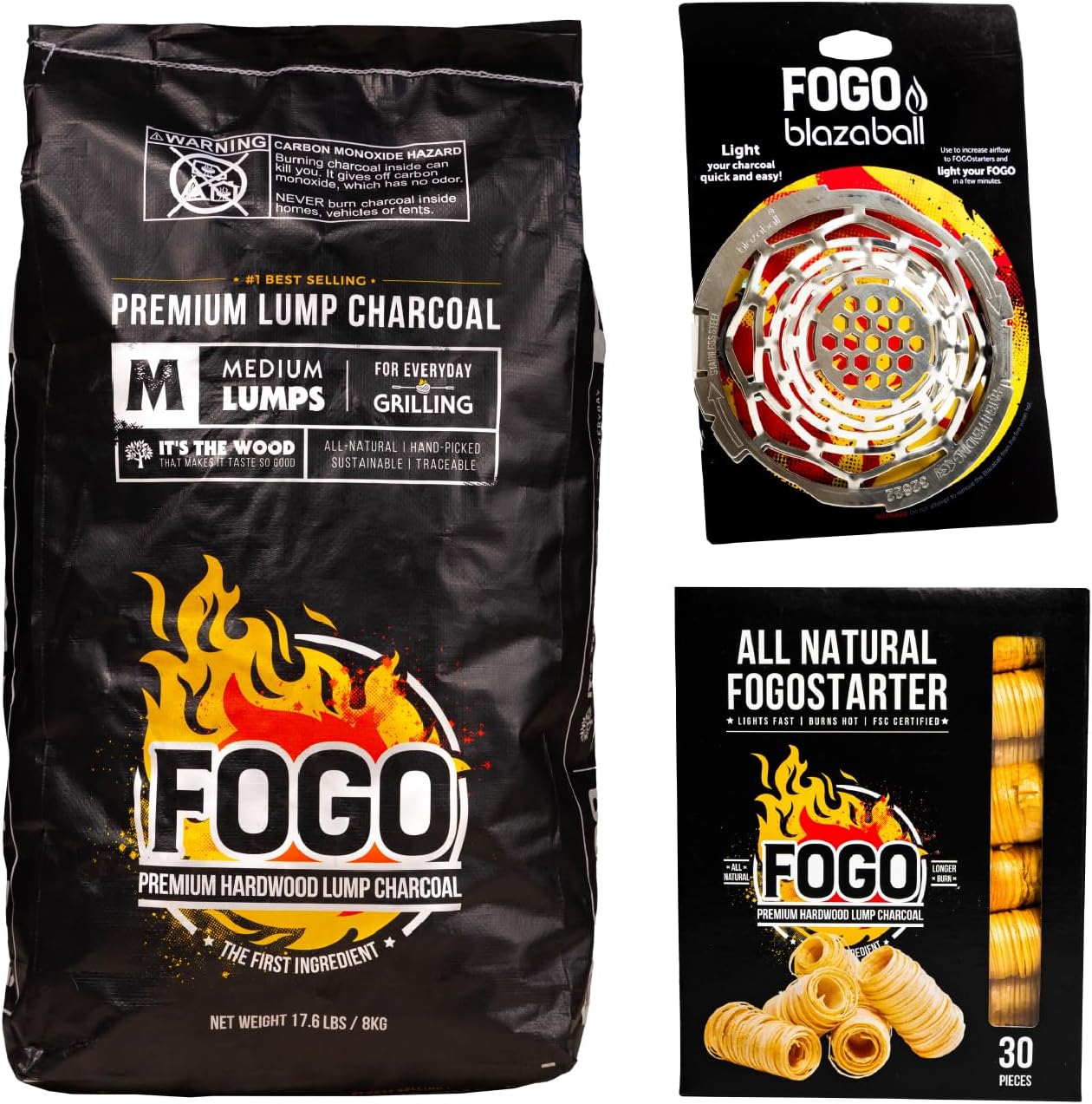 FOGO Premium Hardwood Lump Charcoal 17.6 Pound Bag, Fogostarters Natural Fire Starters and Blazaball Bundle