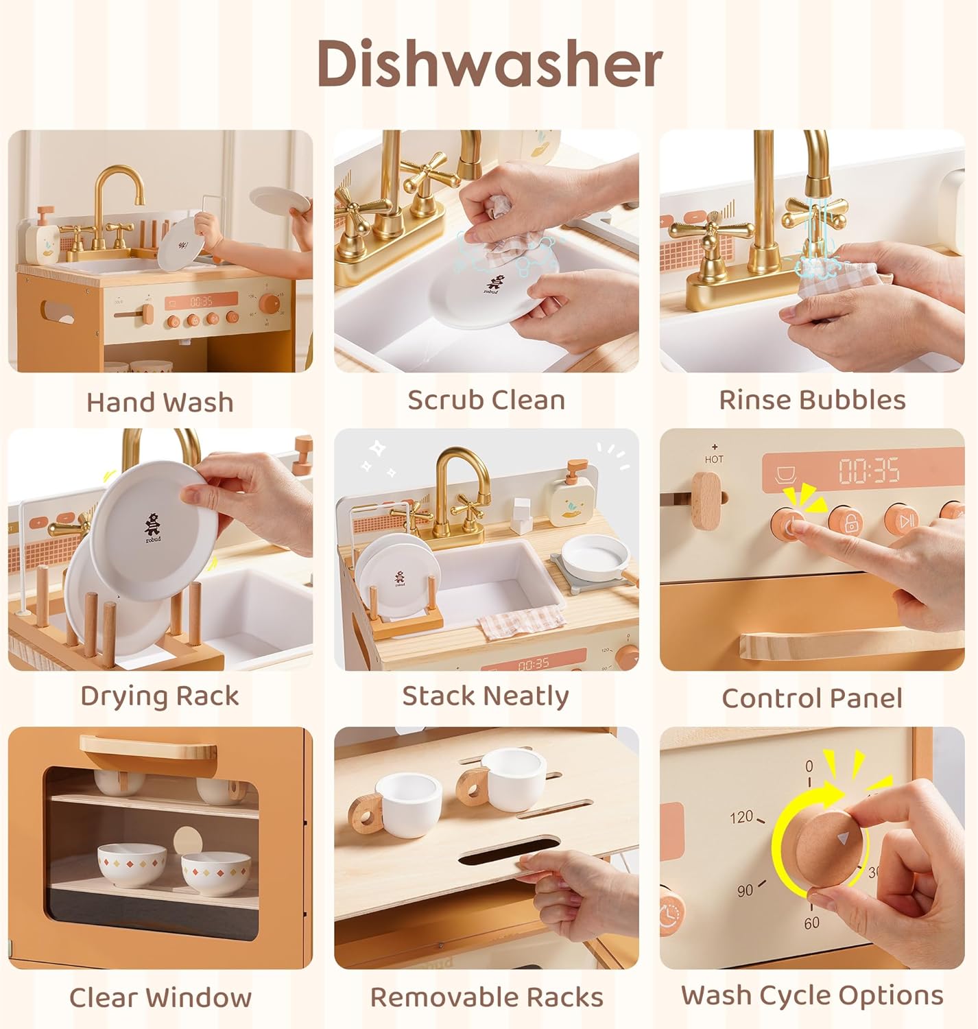 ROBUD Wooden Play Kitchen, 4-in-1 Kids Kitchen Playset with Fridge, Washing Machine, Dishwasher, Toddlers Role Play Kitchen Set Gift for Boys & Girls, Age 3+ (Caramel)