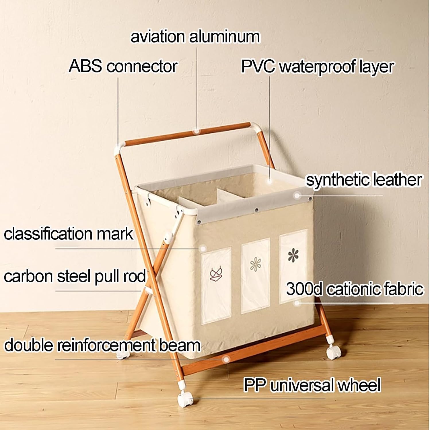 Foldable 3-Section Laundry Hamper with Wheels, Removable Machine Washable Bags, Triangular Frame Laundry Sorter(Beige)