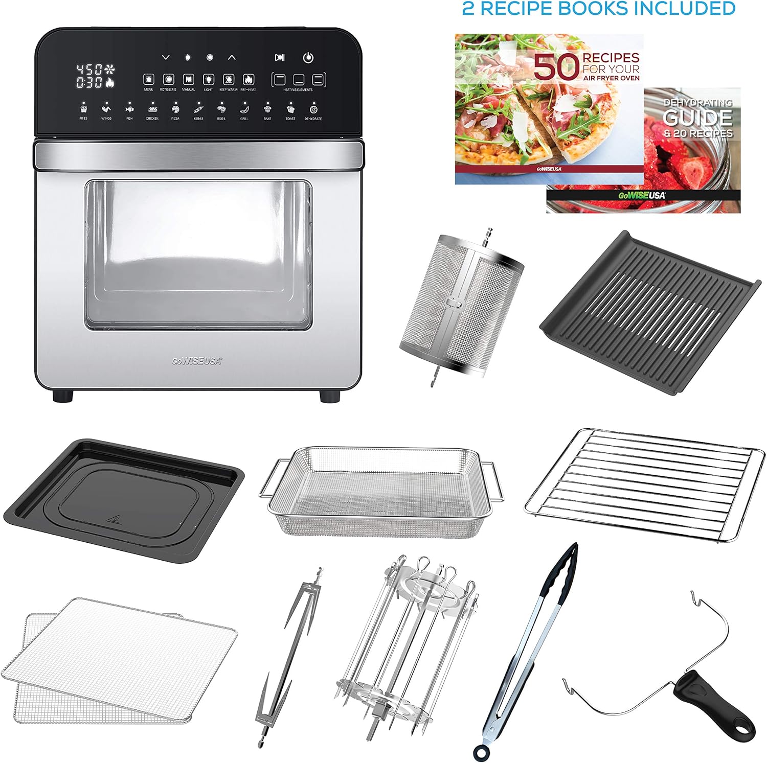 GoWISE USA 14.7-Quart Air Fryer Grill with Dual Heating Elements & Oven with Rotisserie, Dehydrator, Preheat and Broil Functions + 11 Accessories with 2 Recipe Books (Stainless Steel/Black), Ultimate