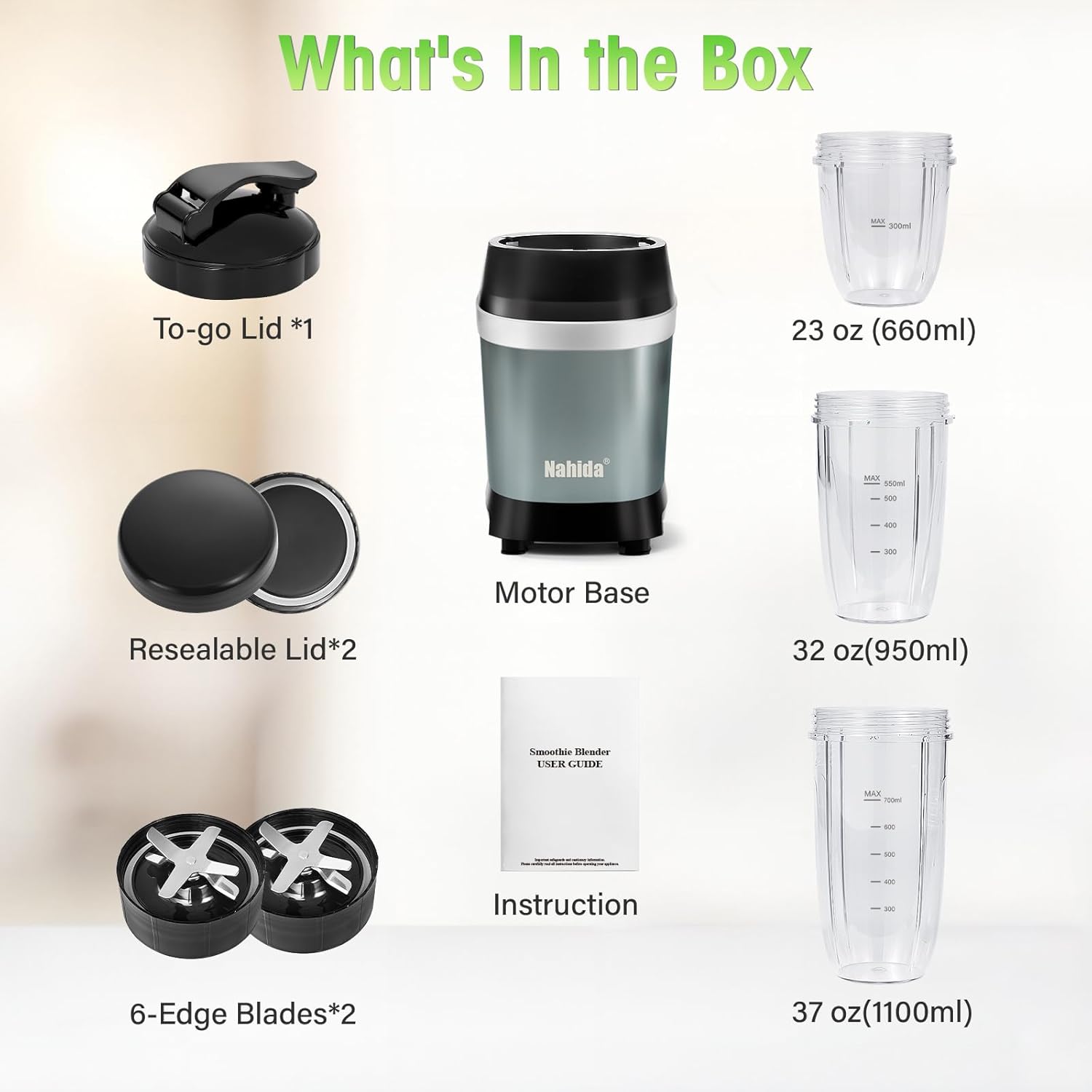 Nahida Blender for Smoothies, 1200W Smoothie Blender for Ices Crushing, Blenders with (2) 6-Fin Blades, Personal Blenders for Kitchen with 23oz, 32oz, 37oz Easy Go Cups for Juices,1200W, Blue