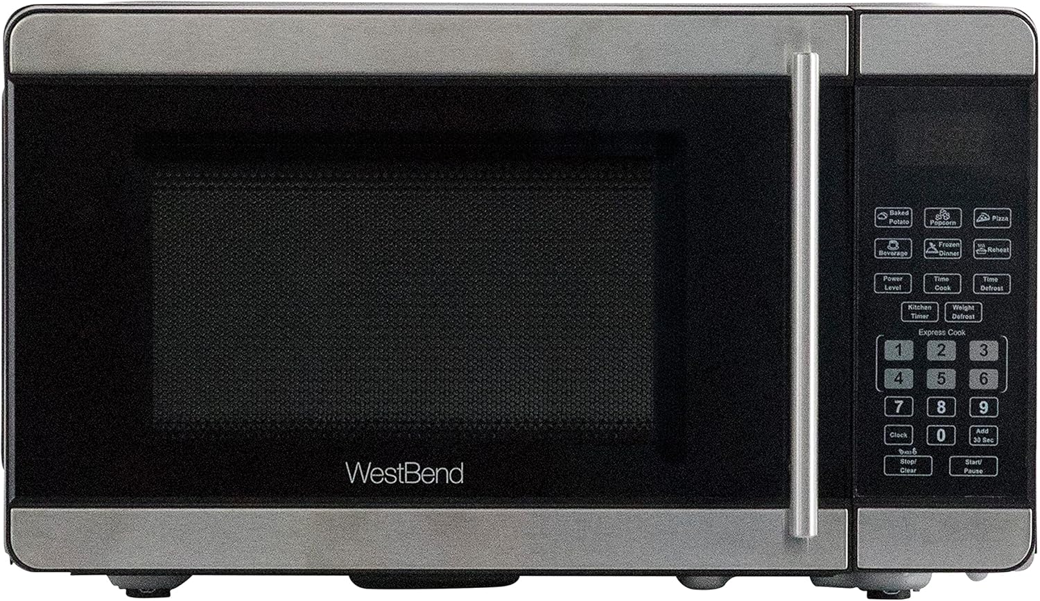 West Bend Microwave Oven 700-Watts Countertop Compact Footprint with 6 Pre Cooking Settings, Speed Defrost, Electronic Control Panel and Glass Turntable Perfect for Small Spaces, 0.7-Cu.Ft., Metallic
