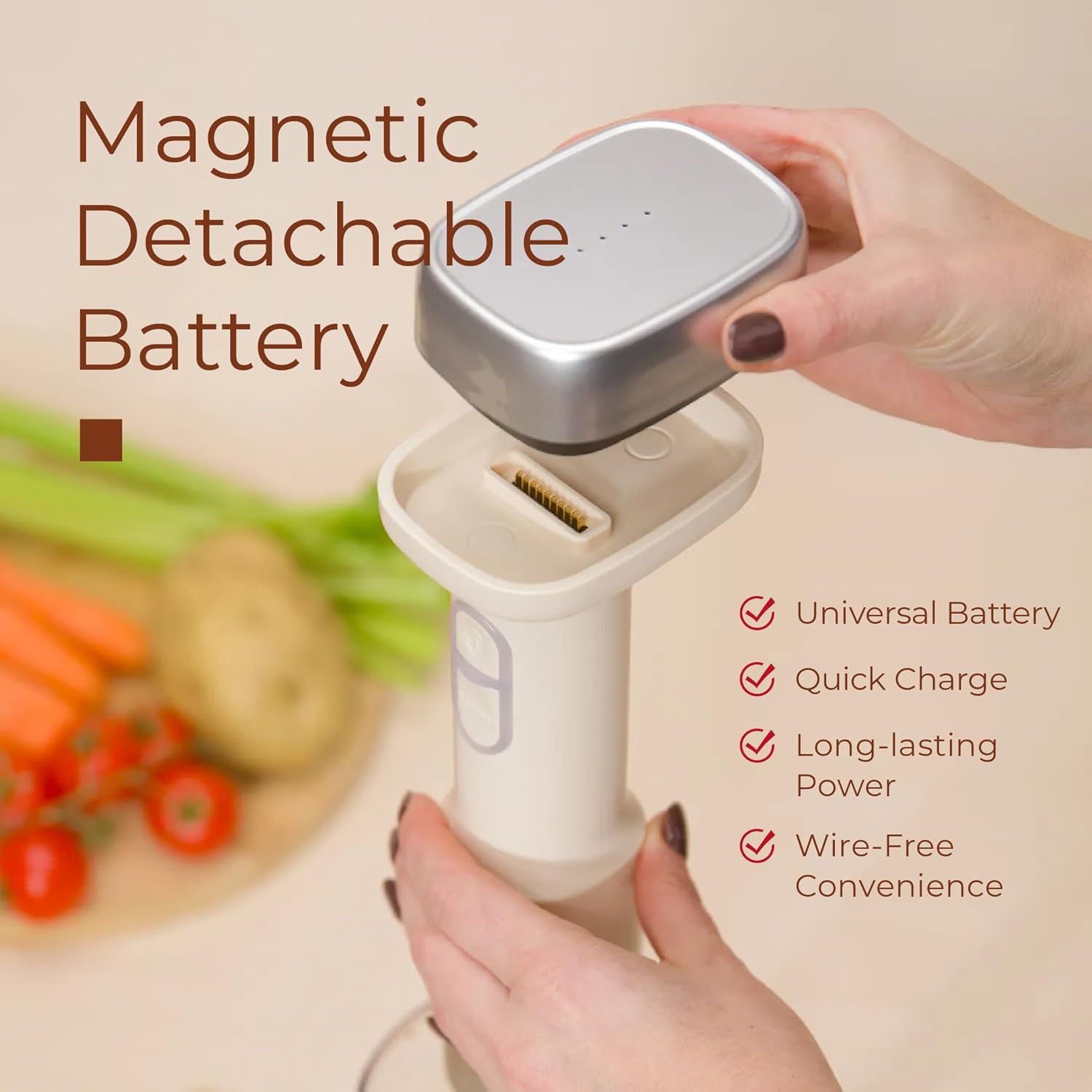 CARTMAN Cordless 3 In 1 Immersion Hand Blender with Removable Battery, with Stainless Steel Blade, Chopper, Whisk, for Soup, Juice, Outdoor Picnic,Variable Speed, Dishwasher-Safe