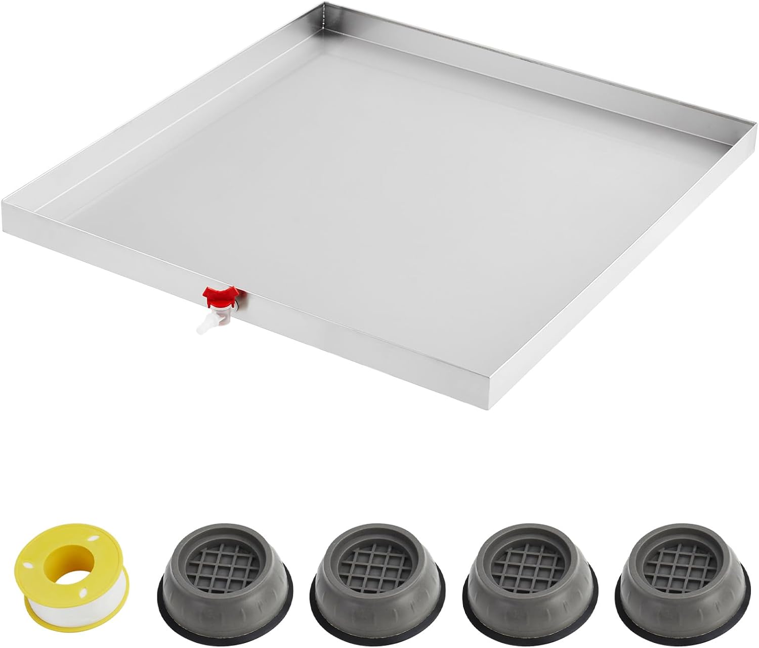 32 in x 30 in Washing Machine Pan for Washer and Dryer, 304 Stainless Steel Drain Pan, Washer Drip Tray with Drain Hole & Hose Adapte, 4 Pcs Anti-Vibration Washing Machine Feet