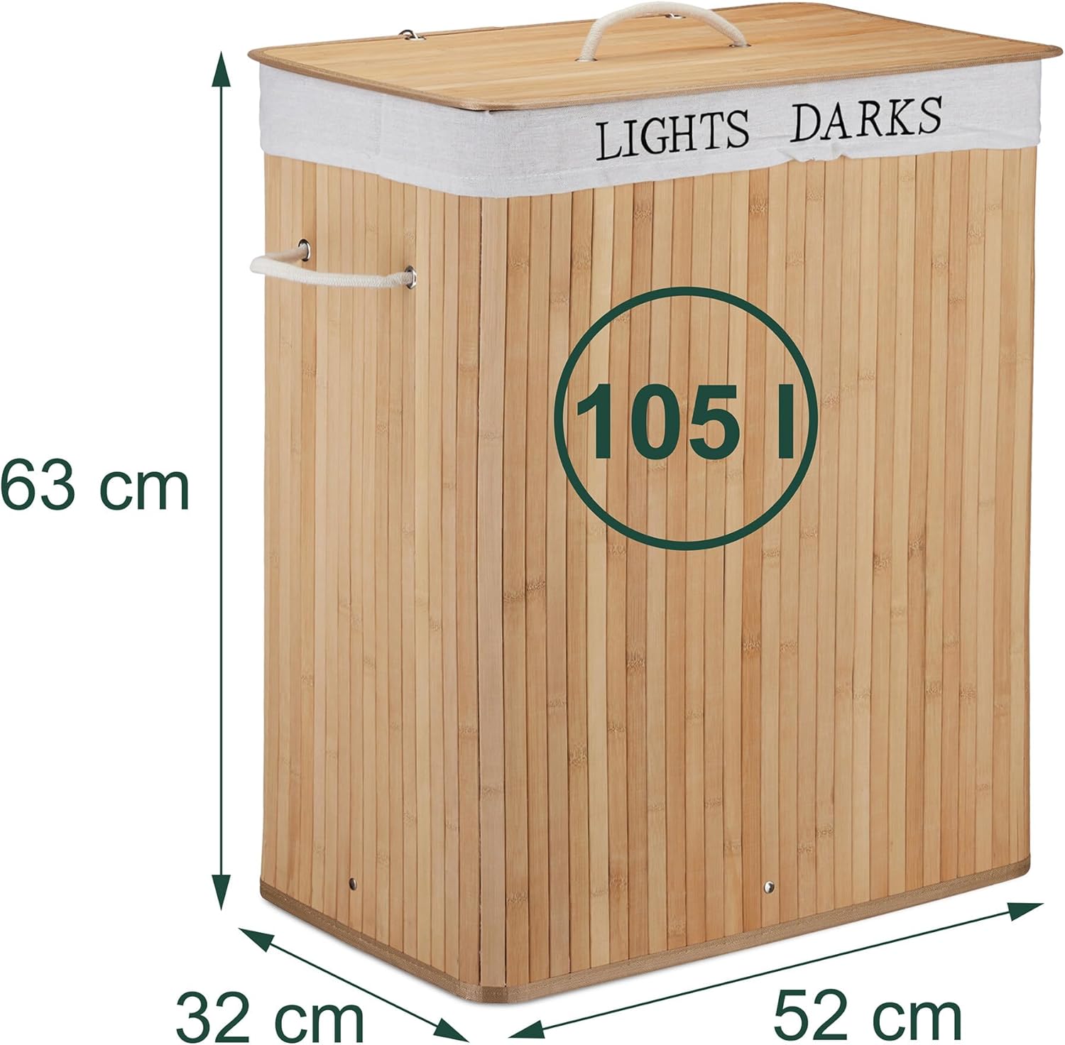 Relaxdays Laundry Basket with Lid, 2 Compartments, Bamboo, 105 L, Foldable, H x W x D: 63 x 52 x 32 cm, Laundry Sorting System, Natural