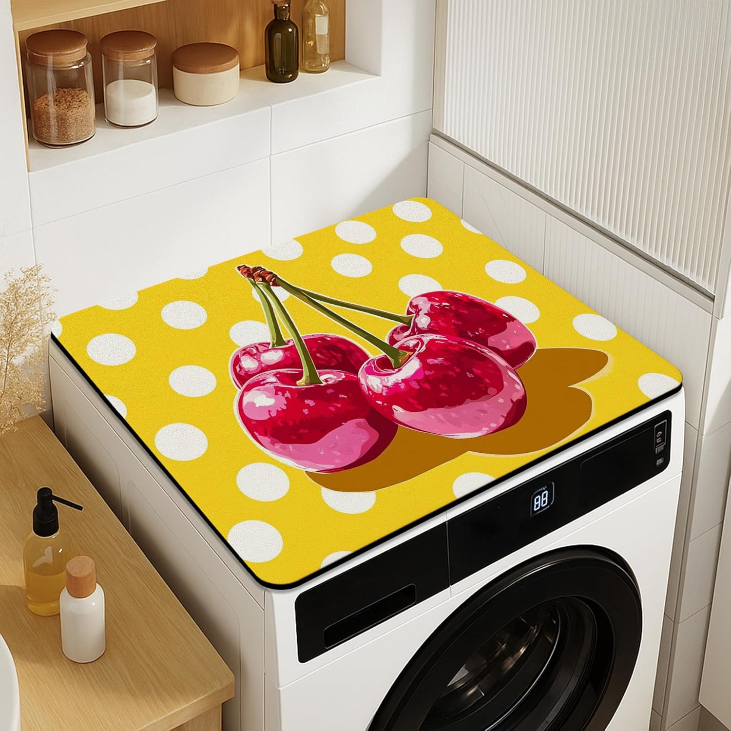 Cherries Washer Dryer Top Protector Mat, Retro Cherries Design Laundry Machine Dust Cover, Summer Waterproof Rubber Anti-slip Washer And Dryer Mats for Laundry Room 20x24 Inch