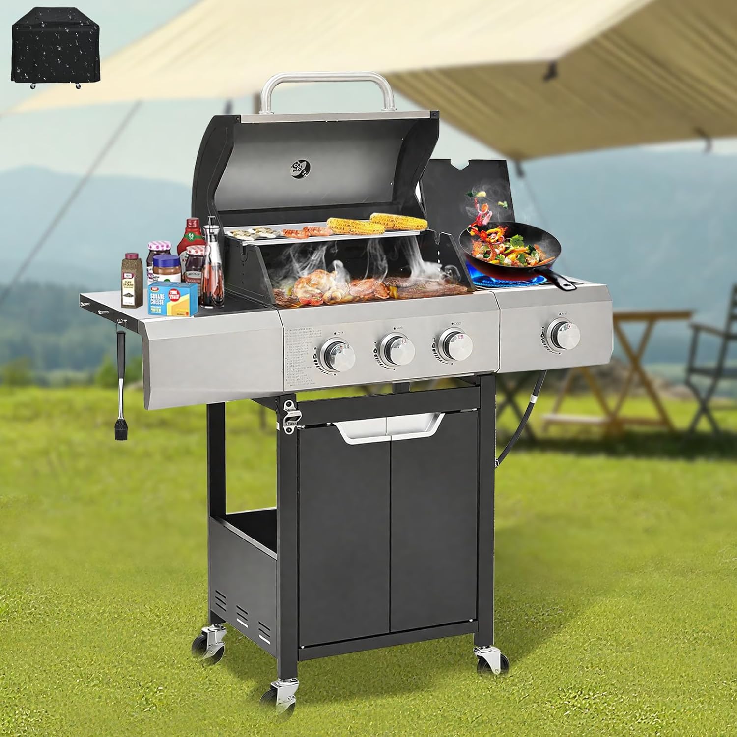 3 Burner BBQ Propane Gas Grill with Wheels, 26000 BTU Stainless Steel Barbecue Grill for Outdoor Cooking Kitchen, Patio, Garden, Backyard Cooking & Parties (3+1Burner)