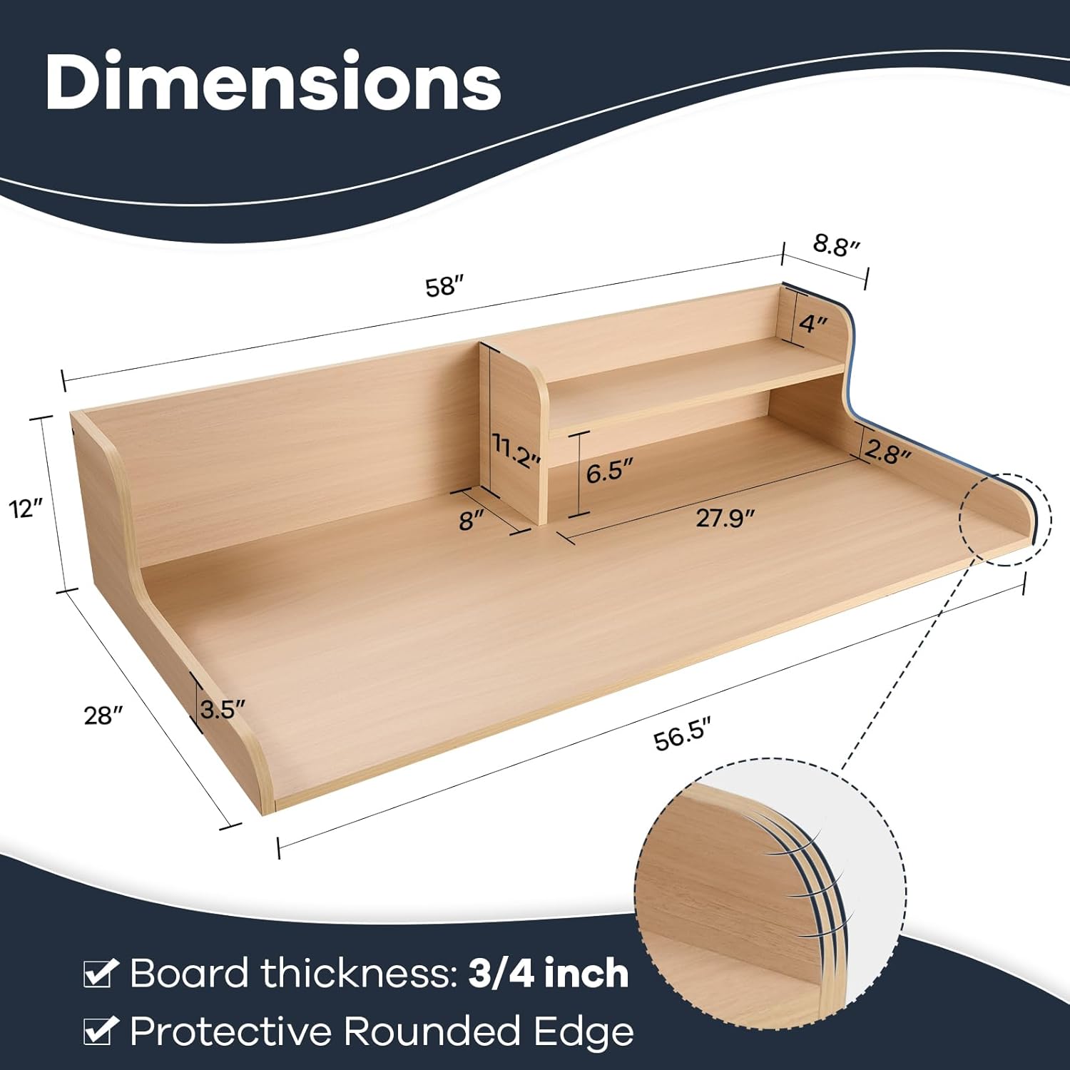 Kaboon Washer Dryer Countertop 2 Tier 58 inches wide, Laundry Shelf Topper with Edge, 58