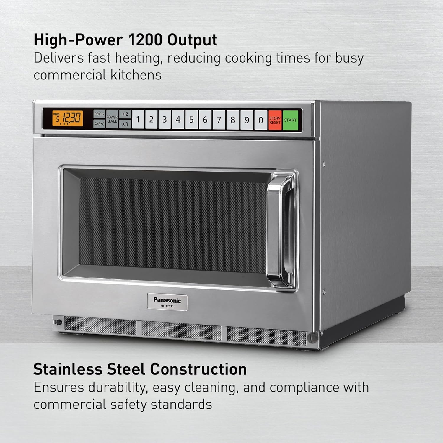 Panasonic PRO1 Commercial Microwave Oven, Heavy Duty, .6 cu ft 1200W, 5-Stage Cooking, LCD Display, Stainless Steel, Programmable, NSF & UL Approved - NE-12521