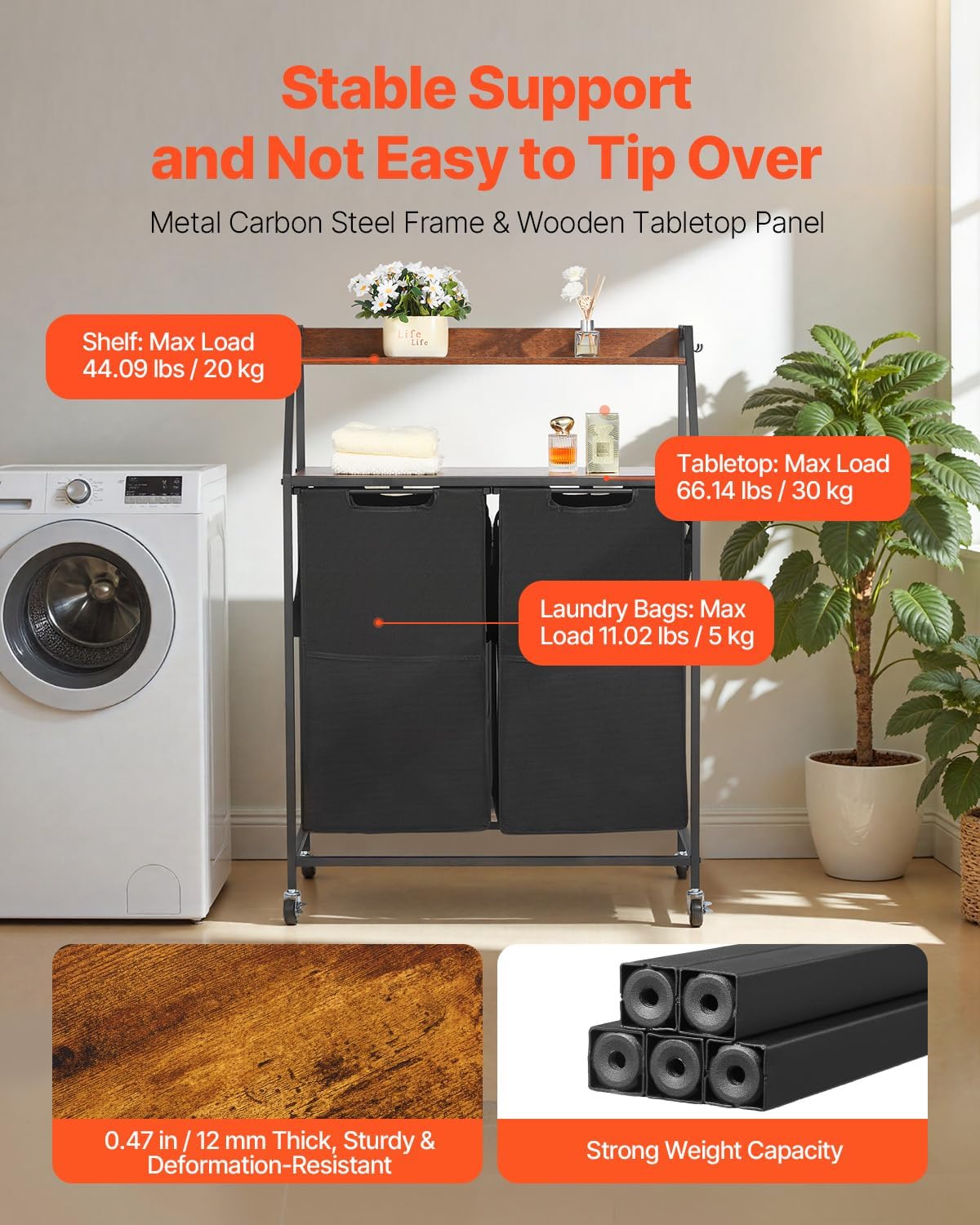 VEVOR 2 Tiers Laundry Sorter, Tall Laundry Hamper with Metal Frame and Wooden Tabletop, 2 Section Rolling Basket Organizer Storage with Ladder Shelves and 600D Oxford Cloth Bags for Dirty Clothes