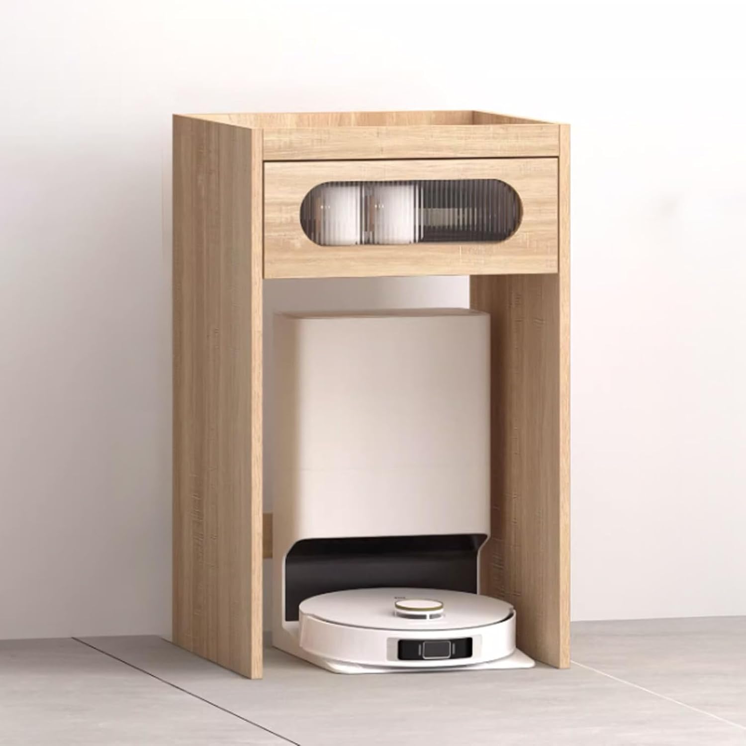 Vacuum Hidden Cabinet for Sweeping, Robot Vacuum Stand Cabinet with Drawers, Robot Vacuum Hidden Storage Cabinet, Wood Sweeping Robot Storage Rack(Natural,19.6x17.7x29.5'')