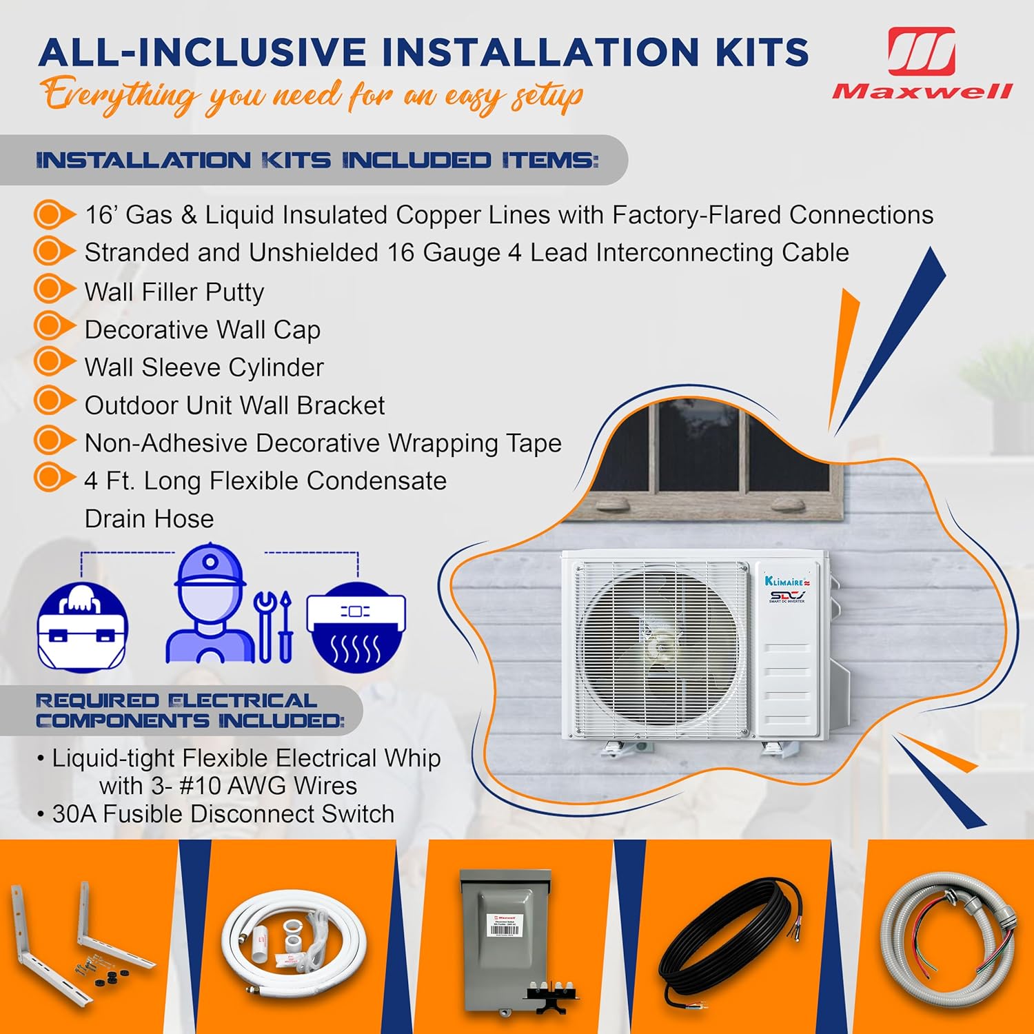 Klimaire 12,000 BTU 22 SEER2 Wall Mounted Ductless Mini Split Inverter A/C Heat Pump System w/ 16’ Installation Kit & Wall Mounting Bracket 115V