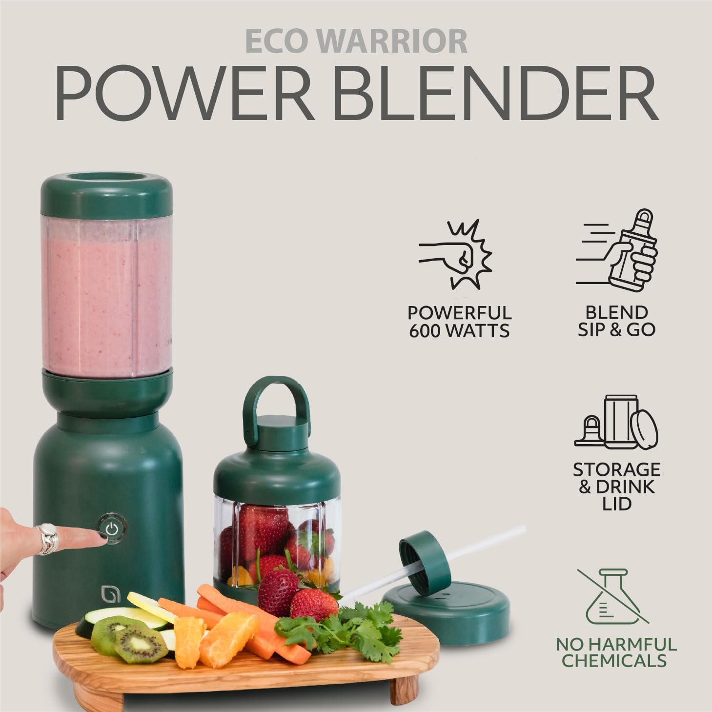 WILLOW Eco Series Warrior Blender, Compact Personal Blender for Smoothies, Shakes & Ice Crushing, One-Button-Operation Smoothie Maker, 600 Watt Base, Includes 30 OZ Cup + To-Go Cup with 2 Lids