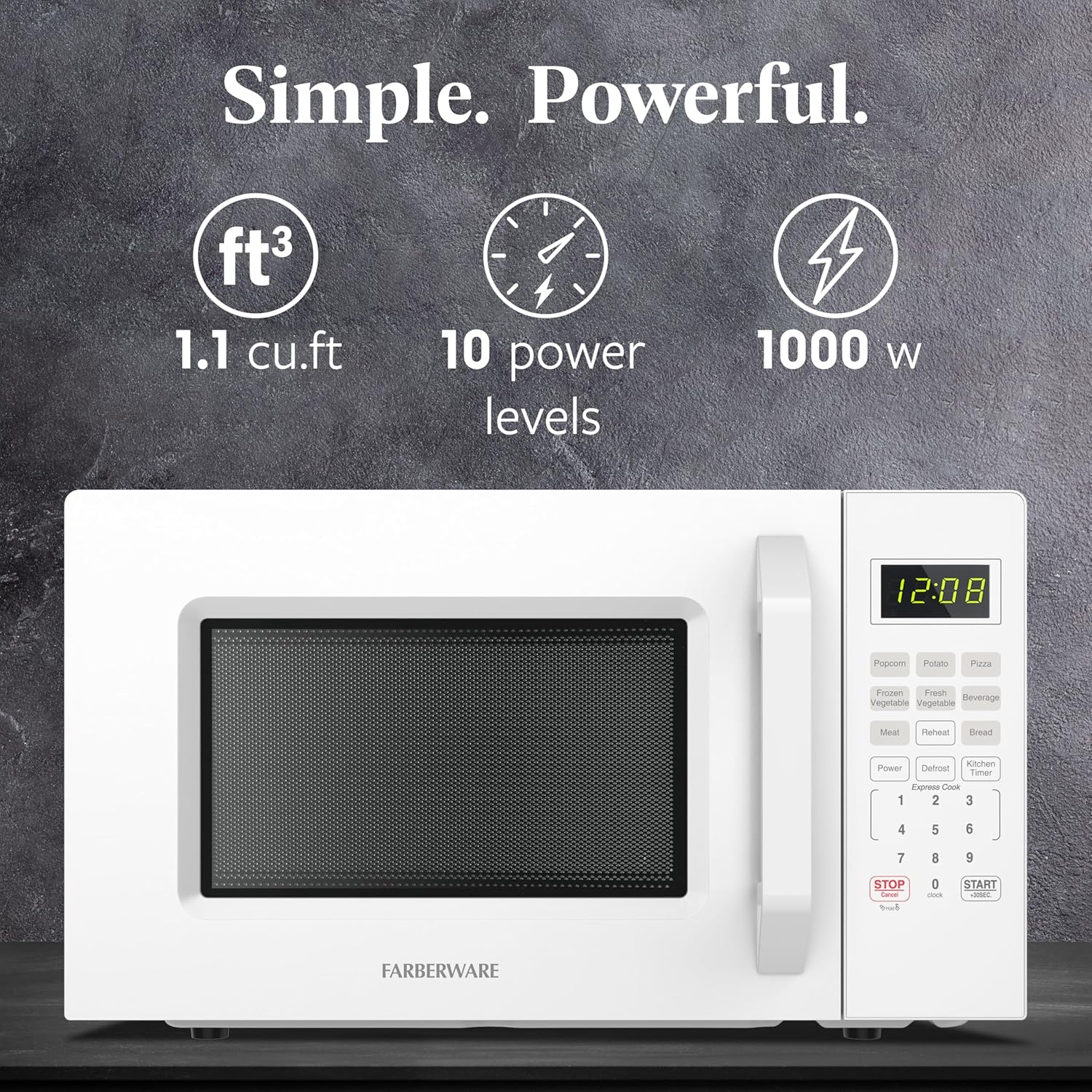 Farberware FMO11WEIWH 1.1 Cu. Ft. 1000-Watt Countertop Microwave Oven, White – Compact Microwave with Reheat Function, Express Cook, and Kitchen Timer