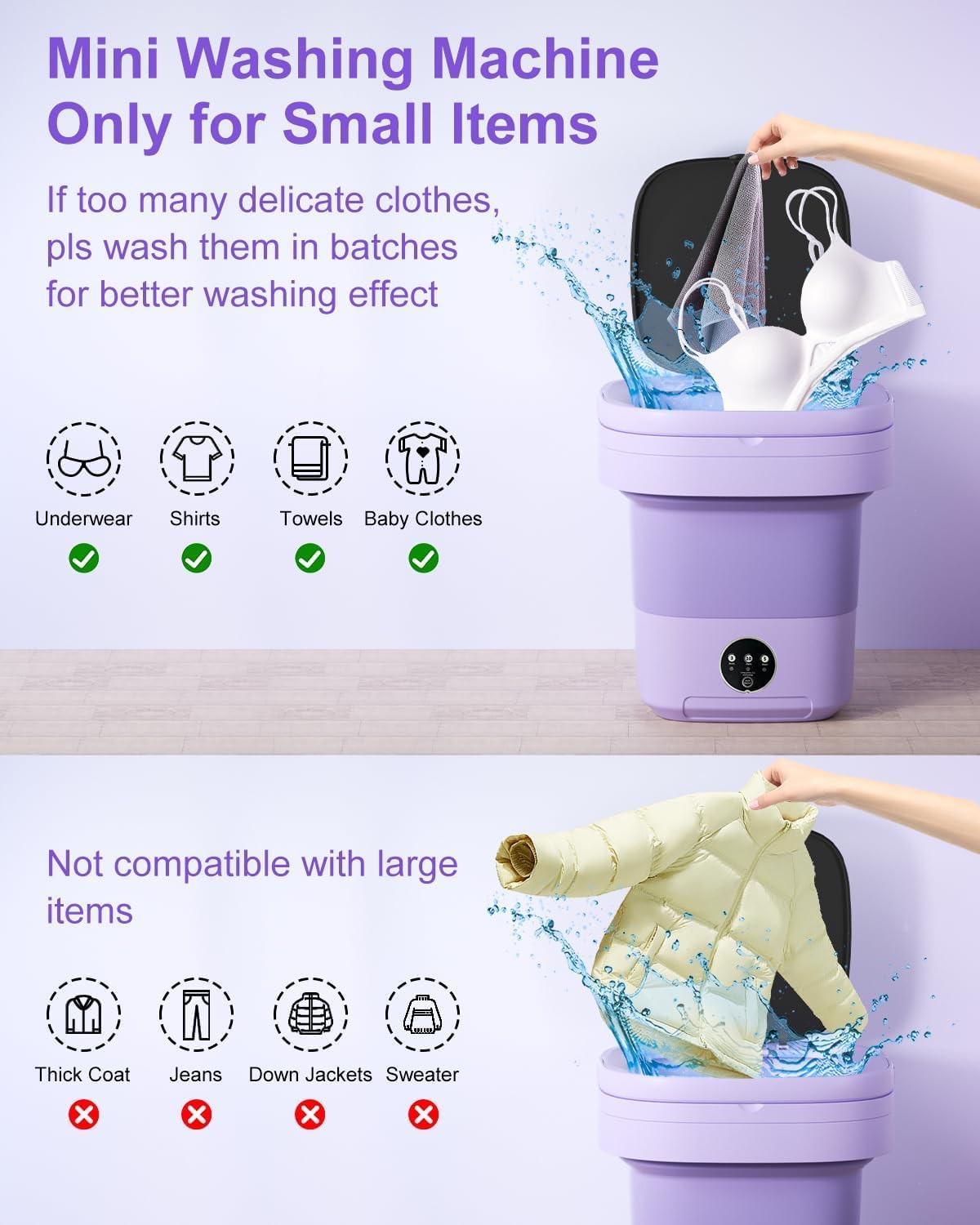 16L Portable Washing Machine, Small Portable Washer and Dryer Combo Mini Foldable Washing Machine Collapsible Bucket with Drain Basket for Apartment, Underwear, Socks, Baby Clothes (Purple)