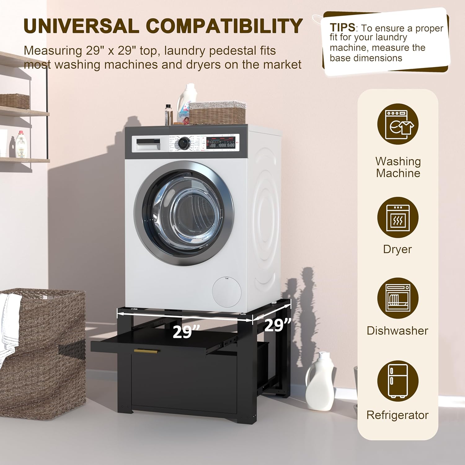 BlueWish 29”Washer and Dryer Pedestals, Washer Dryer Pedestal with Large Drawer, Retractable Laundry Holder, Washing Machine Stand with Anti-Slip Feet, 300 LBS Capacity