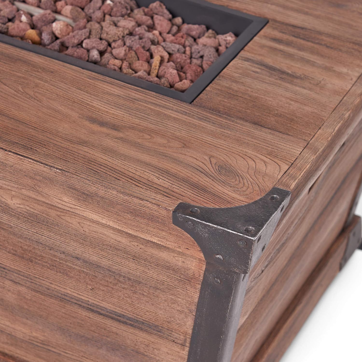 GDFStudio Outdoor 4 Piece Wood and Wicker Chat Set with Fire Pit, Natural with Gray and Brown