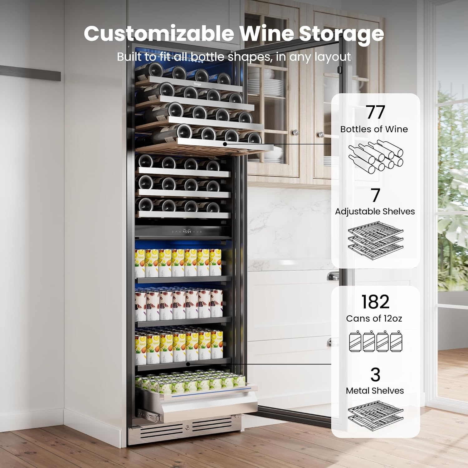 Yeego Wine Fridge – 24 Inch Wine and Beverage Cooler 34°F-65°F, 304 Stainless Steel Glass Door Lock, Temp Memory Blue & White LED Built-in Fridge Right-hand Opening with Drawer (182 Can+77 Bottle)