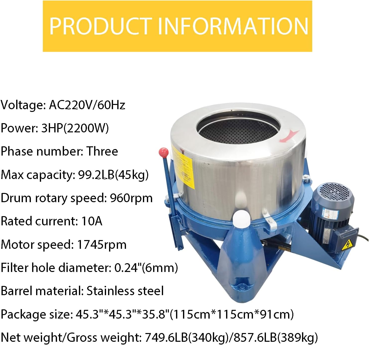 Industrial Centrifugal Dehydrator Dryer 99.2LB Hydro Extractor Stainless Steel Laundry Spin Dryer Dewatering Machine for Food Cloths Biomass Oil Extraction Solid-Liquid Separation 2200W 220V