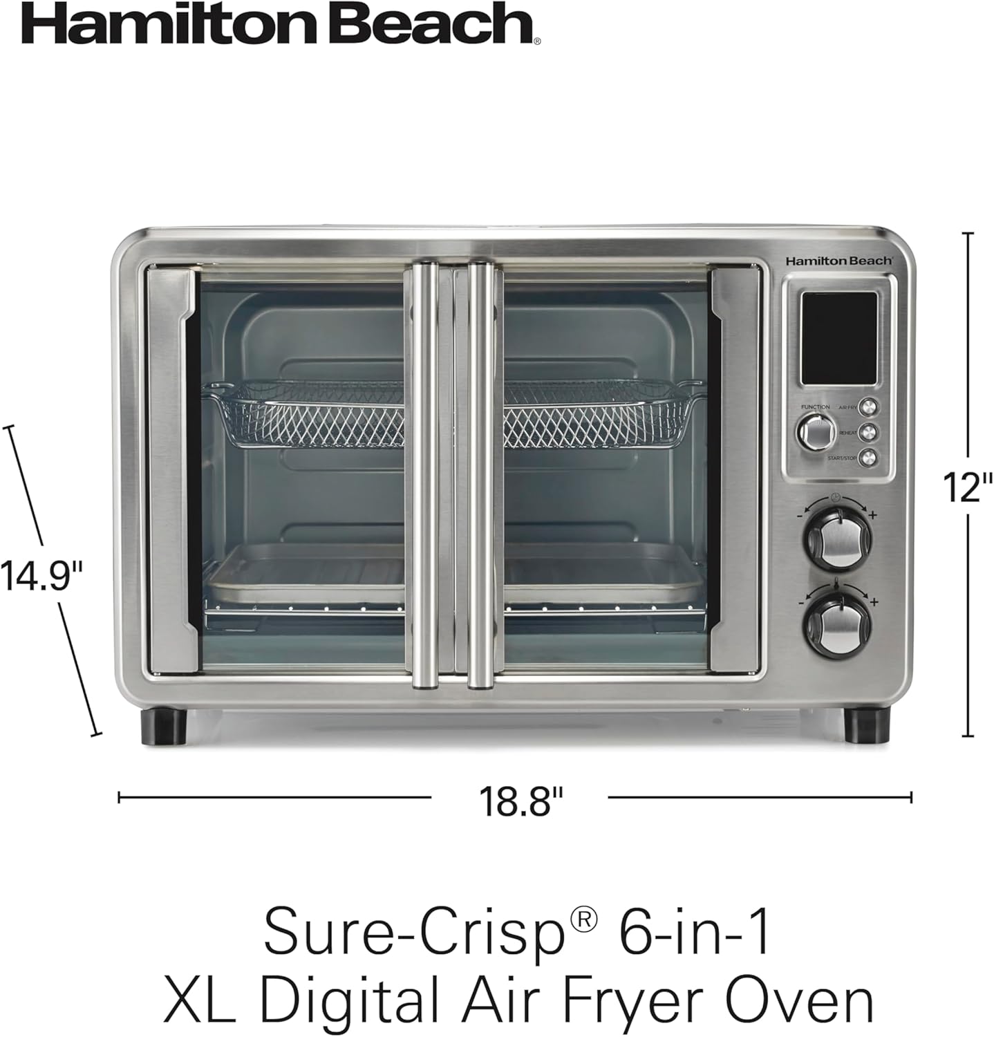 Hamilton Beach Sure Crisp 6-in-1 XL Digital Air Fryer Toaster Oven Combo, With Easy-Access French Doors, Bake, Broil, Toast, Pizza & Reheat Functions, 0.9 cu. ft. Capacity, Stainless Steel (31191)