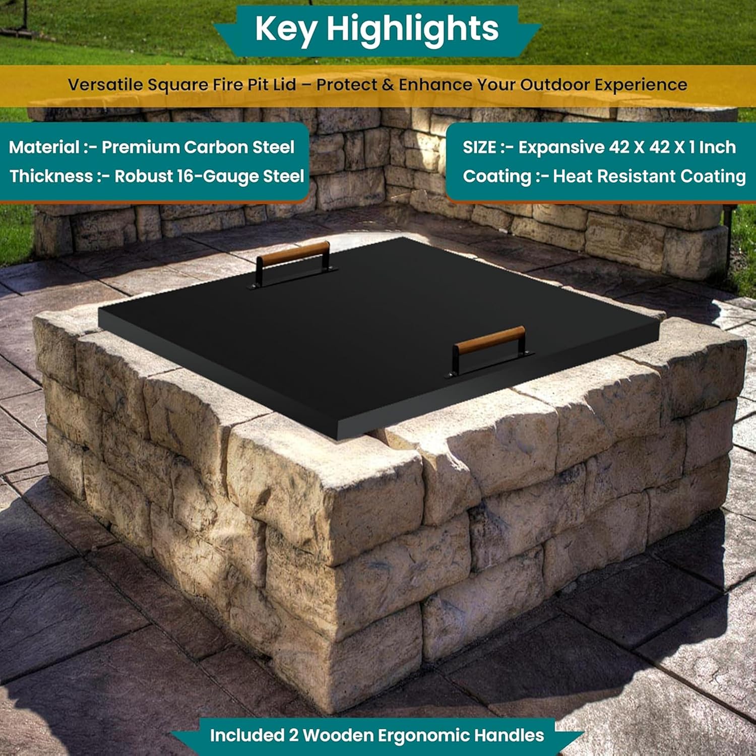 FEBTECH - Steel Fire Pit Lid - 42 x 42 Inch - Fire Pit Lid - Fire Pit Cover Square - Drop-in Burner Fire Pit Pan Lid - 1.5 mm Thickness for Outdoor FirePit…