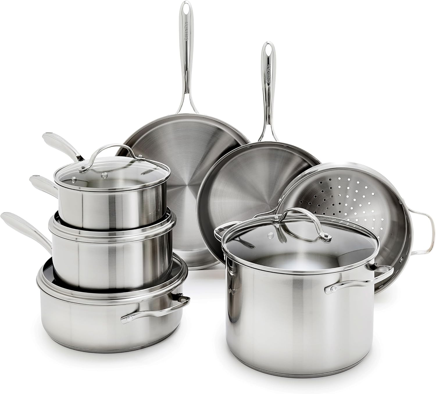 GreenPan Stainless Steel Cookware Set, 11 Piece, Induction Cookware, Dishwasher Safe, Oven Safe to 600F, Large 8QT Stock Pot, Sauce, Saute, Frying Pans, Pots & Pans Kitchen Essentials, Silver