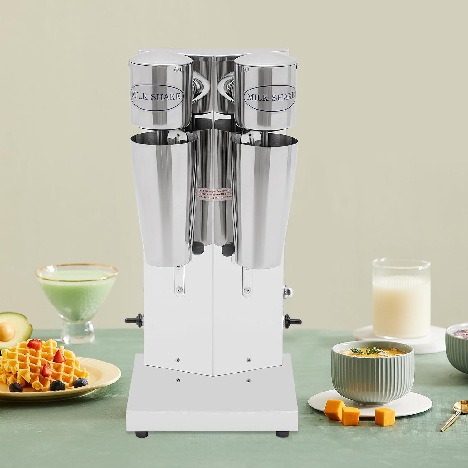 Electric Milkshake Maker, Commercial Stainless Steel Milk Shake Machine Drink Mixer Adjustable Speed Malt Maker Machine Smoothie Milk Foam Tea Mixer Blender + cups (2 Head)