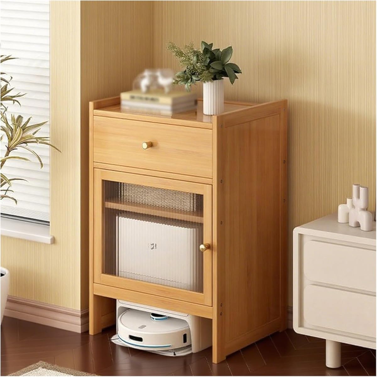 Vacuum Cabinet, Robot Vacuum Storage Side Table End Table Accent Side Tables for Living Room, Home, Office, Entrance, Save Space(Natural)
