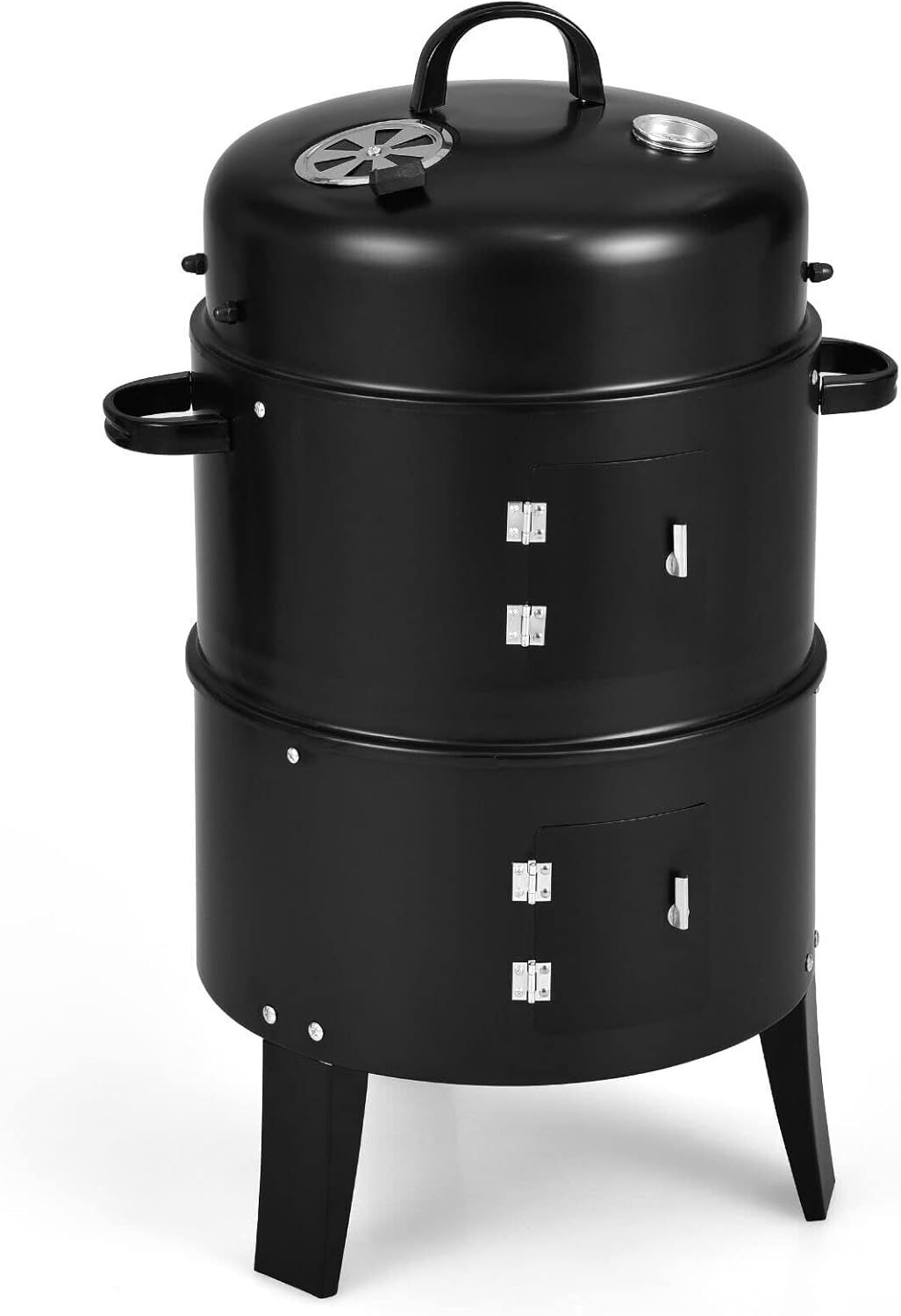 Portable 3 in 1 Vertical Charcoal Smoker BBQ Grill Roast Braise Fire Pit With 1 Charcoal Grill 2 Water And Fire Basins 2 Cooking Grills 6 Hooks Built-In Thermometer 2 Independent Detachable Layers