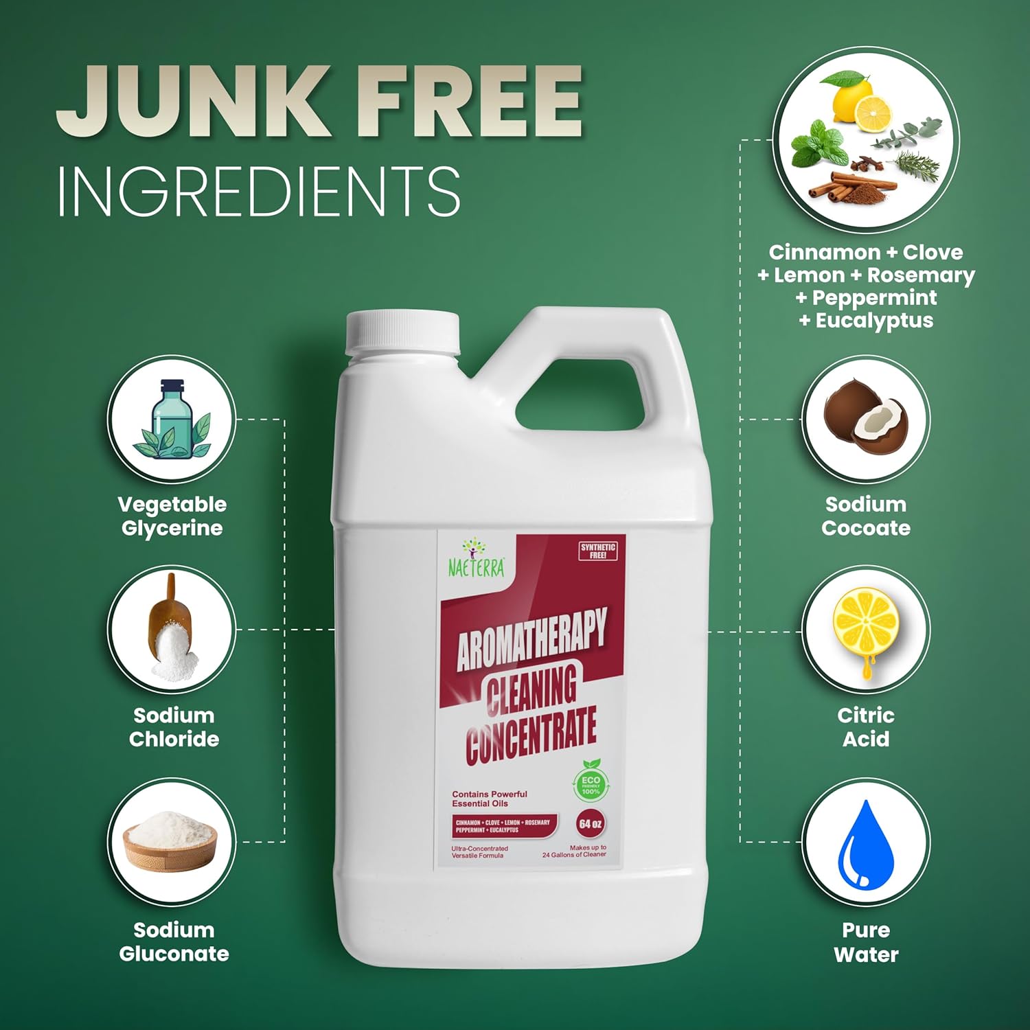 Naeterra Original Aromatherapy Cleaning Concentrate, Plant-Based Household Cleaner 64 oz with Included 10 mL Essential Oil Blend – Clove, Lemon, Cinnamon, Rosemary, Eucalyptus, and Peppermint Oils