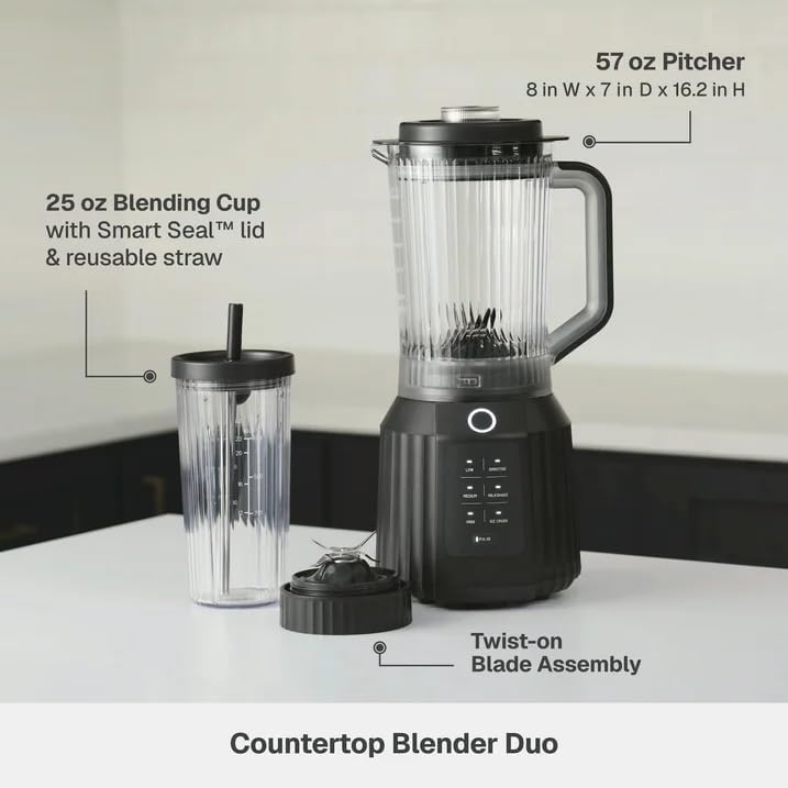 Thymes & Tables Countertop Blender Duo SmartCrush Tech 1100W with 57oz Pitcher & 25oz Cup, Smart Seal Lid, Vortex Blending, Pulse Mode, Dishwasher Safe, Ice Crush, Smoothie Preset (Slate Gray)
