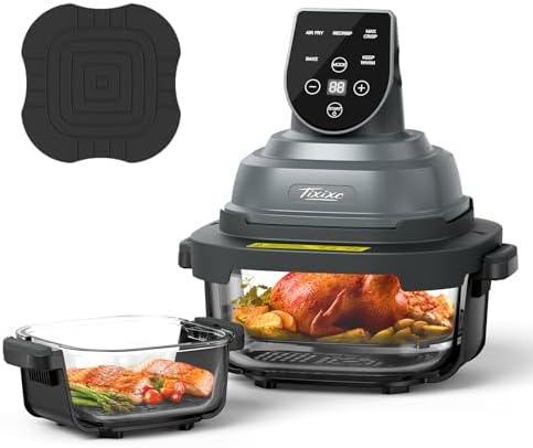 5-in-1 Portable Glass Air Fryer, 4QT & 6-Cup Glass Containers with Lids, Silicone Mat, 1500W Small Air Fryer, 90% Less Oil, Dishwasher/Freezer Safe for Single Servings, Family Meals