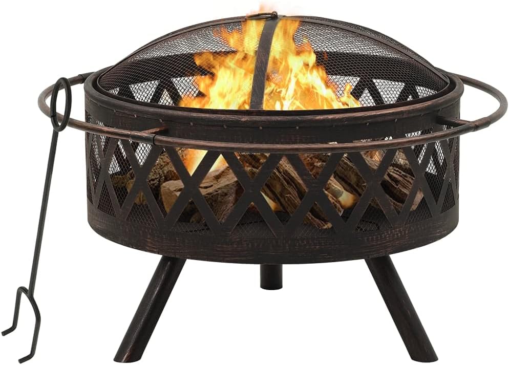 Steel Rustic Style Fire Pit with Metal Poker and Mesh Cover, Absorbing and Radiating Heat Outdoor Fire Pit Round Fireplace for Garden Patio 29.9