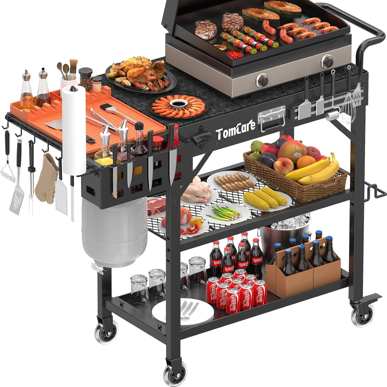 TomCare Grill Table with 3-Tier Storage Shelves Lockable Wheels Grill Cart with Silicone Grill Mat Heavy Duty Outdoor Tabletop Griddle Stand Holds 500Lbs Fits 22” Blackstone Ninja Cuisinart BBQ Grill