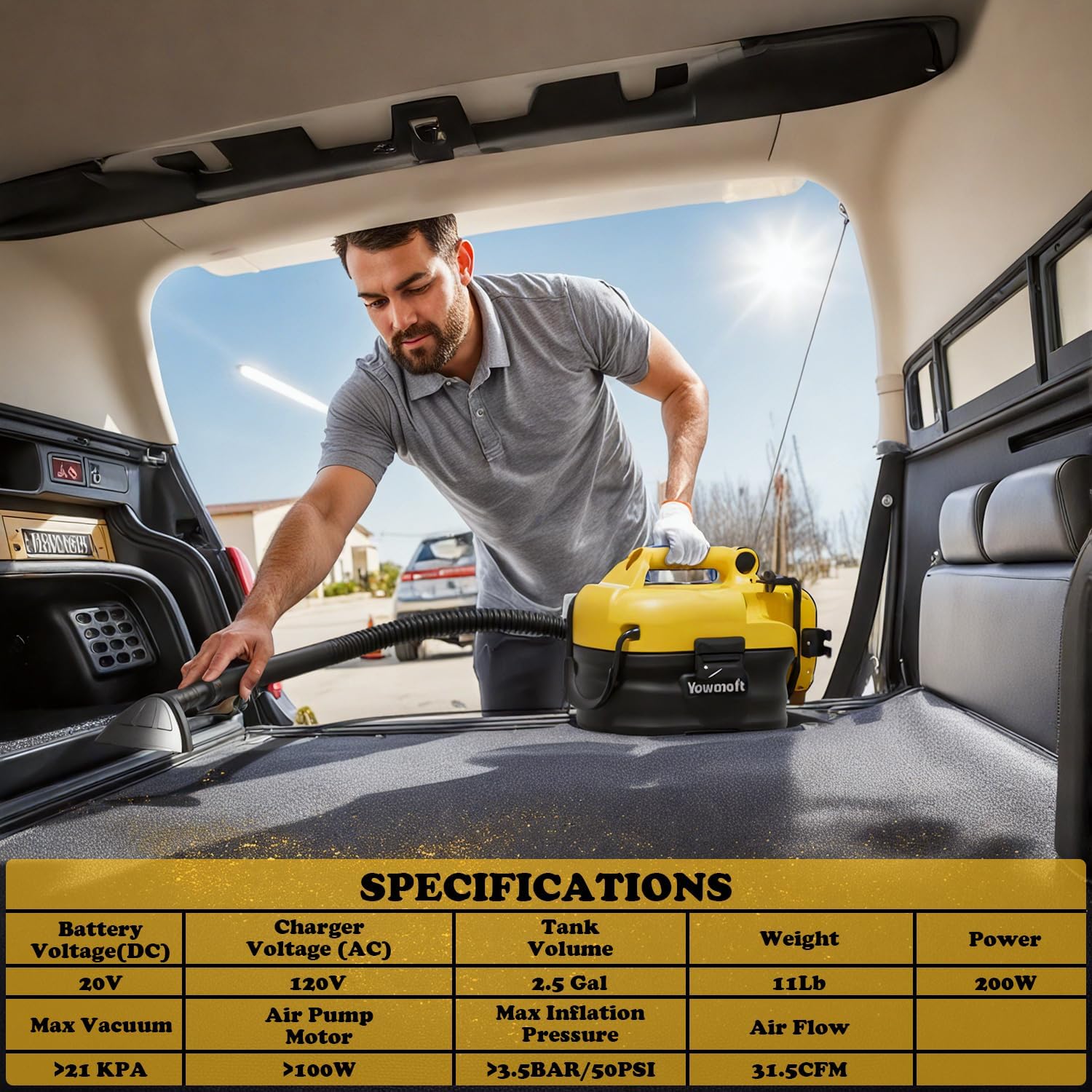 Wet Dry Shop Vacuum Cordless & Corded, Versatile Power Source with Tire Inflator and Blower Function, 2.5 Gallon Portable Vacuum for Dewalt 20V Battery, Small 3 in 1 Shop Vac (Tool Only)