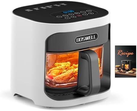 BOSWELL 4.5QT Glass Air Fryer - 6-in-1 with Transparent Bowl | Circulating Air for Crispy Results | Bake, Broil, Air Fry | Temperature Control, Dishwasher Safe (White)