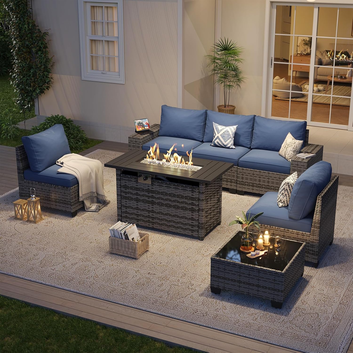 Aoxun Outdoor Patio Furniture Set with 44'' Fire Pit Table, 7 Pcs Outdoor Patio Furniture Sets with 4in Thicken Cushion, Widen Armrests Wicker Outdoor Sectional for Backyard (Waterproof Cover Include)