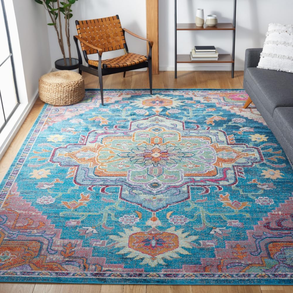 SAFAVIEH Crystal Collection Area Rug - 9' x 12', Teal & Rose, Medallion Distressed Design, Non-Shedding & Easy Care, Ideal for High Traffic Areas in Living Room, Bedroom (CRS501T)