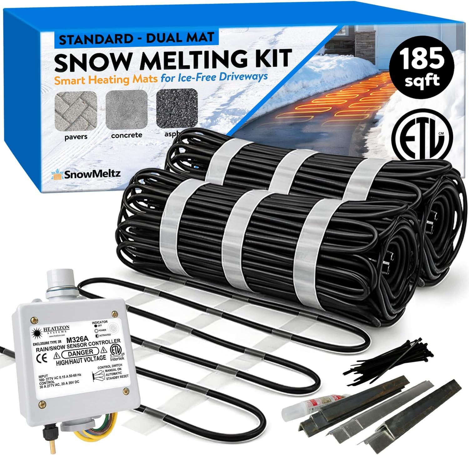 Heated Driveway System 185 Sqft - 240V, 37 Watts per Sqft Heated Snow Melting Mats Outdoor Driveway Heater for Snow Melting Mats Walkway, Ice Melt Mat for Steps, Auto Moisture & Temperature Activator