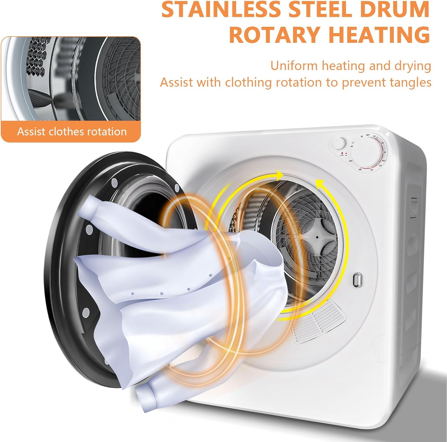 120V Portable Clothes Dryer, 800W Compact Laundry Dryer, Easy Control, 1.6 Cu.Ft Front Load Stainless Steel Electric Dryers Machine with Simple Control Knob for Apartment, RV, Dorm