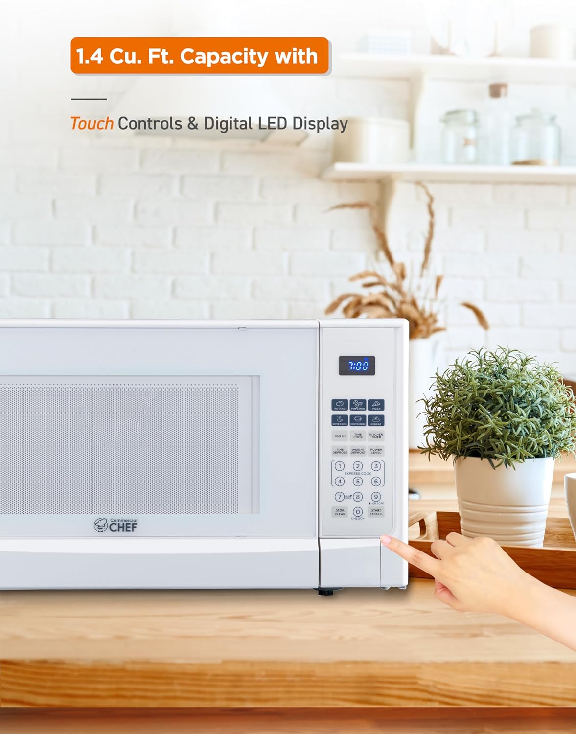 COMMERCIAL CHEF 1.4 Cubic Foot Microwave with 10 Power Levels, Small Microwave with Push Button, 1100 Watt Microwave with Digital Control Panels, Countertop Microwave with Timer, White