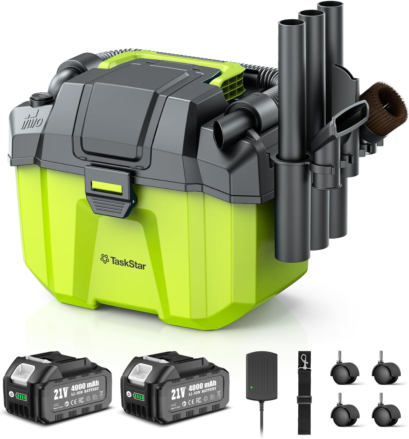 Cordless Shop Vac, 2.6 Gal 2x4.0Ah Battery Powered Shop Vac, 3-in-1 Cordless Shop Vacuum Wet and Dry with Strap, 4 Wheels, Accessory Storage Holder, Ideal for Garage, Car, Workshop