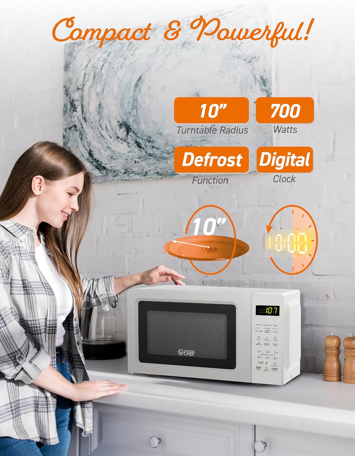 COMMERCIAL CHEF 0.7 Cubic Foot Microwave with 10 Power Levels, Small Microwave with Pull Handle, 700W Countertop up to 99 Minute Timer and Digital Display, White