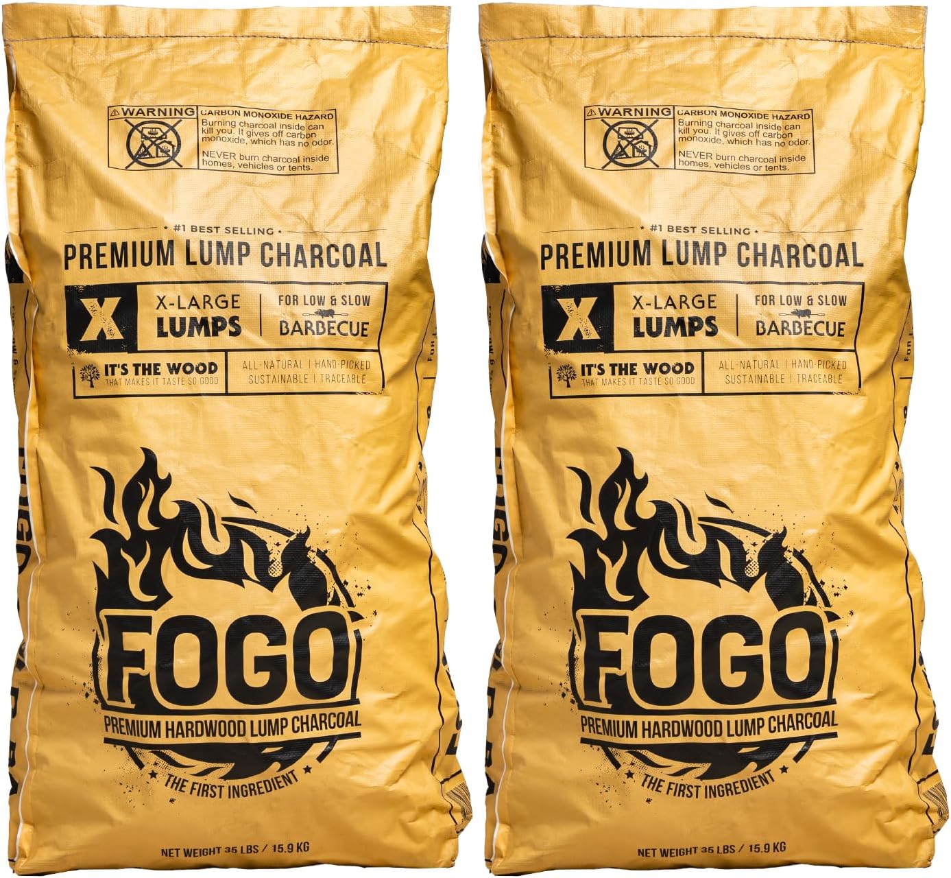 FOGO Super Premium Hardwood Lump Charcoal, Natural, Large Sized Lump Charcoal for Grilling and Smoking, Restaurant Quality, 35 Pound Bag, 2-Pack